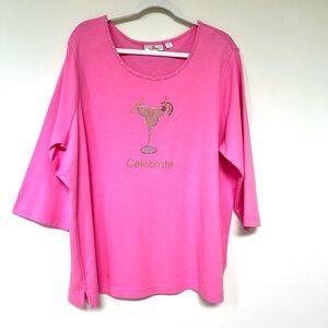 Quacker Factory ~ 3/4 Sleeve ~ Pink Cocktail Celebrate Festive Fun Top ~ 2 X